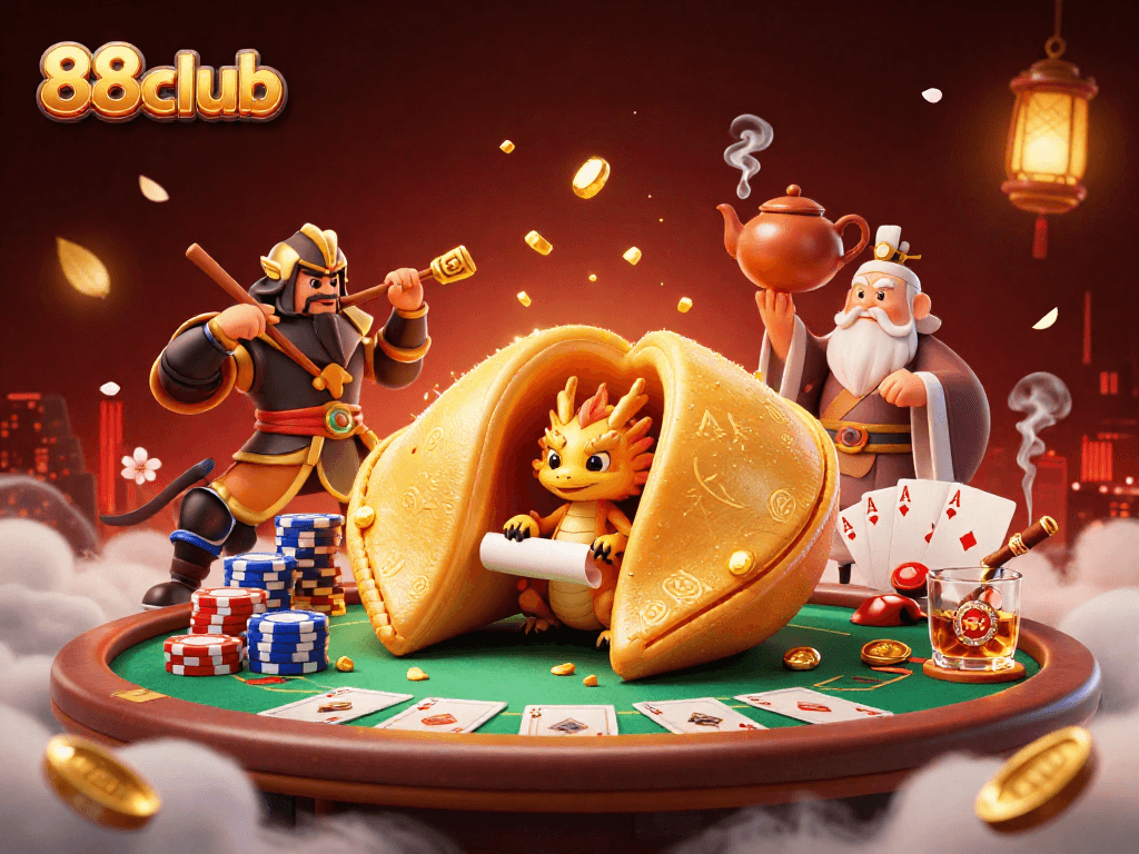 Engage in thrilling games at 88club with a vibrant casino scene featuring dragons and gold.