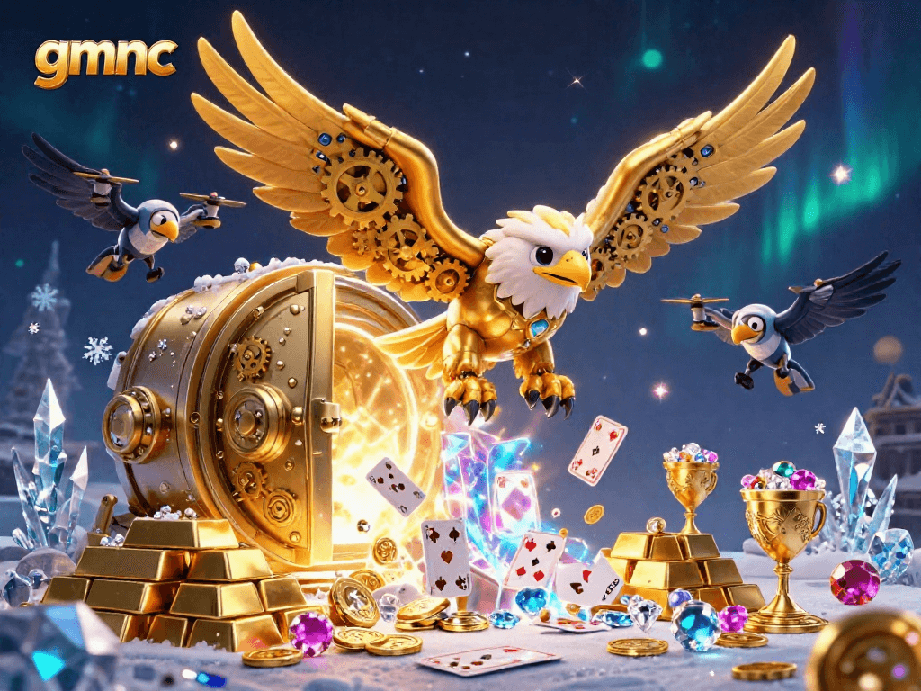 Experience thrilling wins with gmnc as the golden eagle dives through holographic cards amidst treasures.