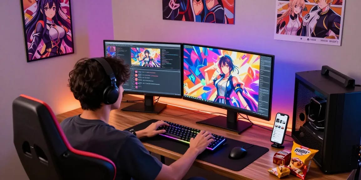 Player immersed in ecchi games online on a vibrant gaming setup with RGB lights and dynamic gameplay.