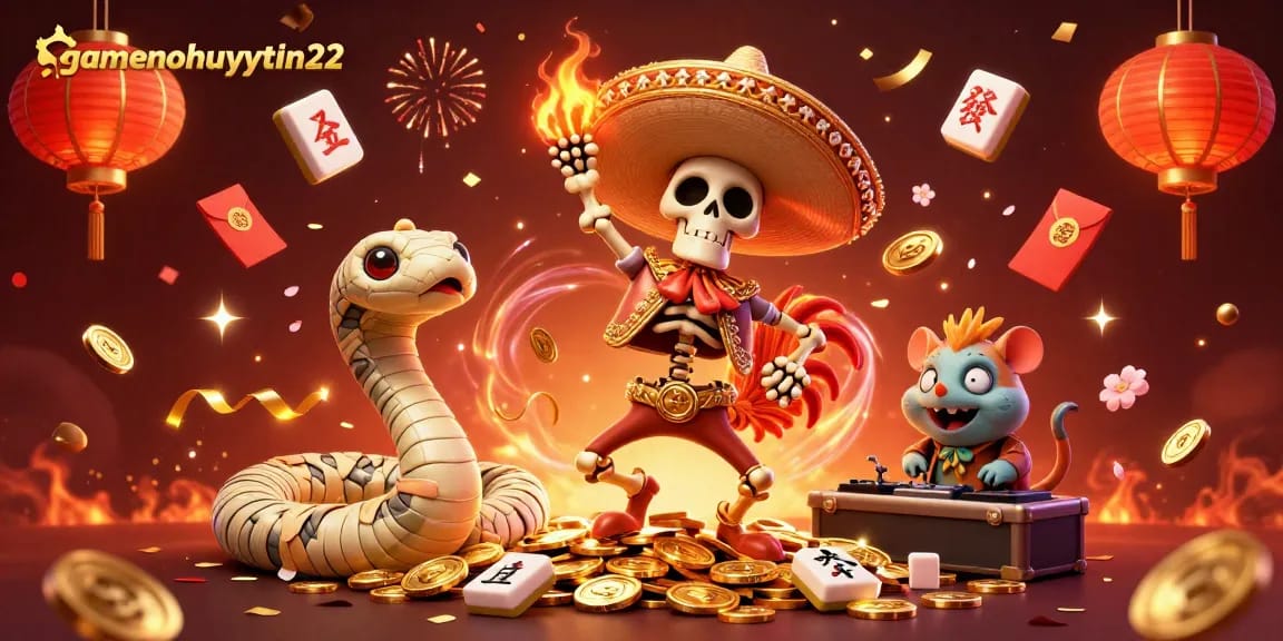 Experience the thrill of Pai Gow at gamenohuuytin22 with vibrant 3D characters celebrating amidst casino elements.