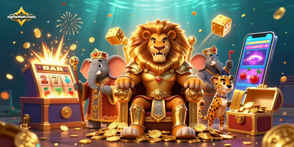 xiphematchuoc showcases a fierce lion king and friends winning at an exciting online casino scene.