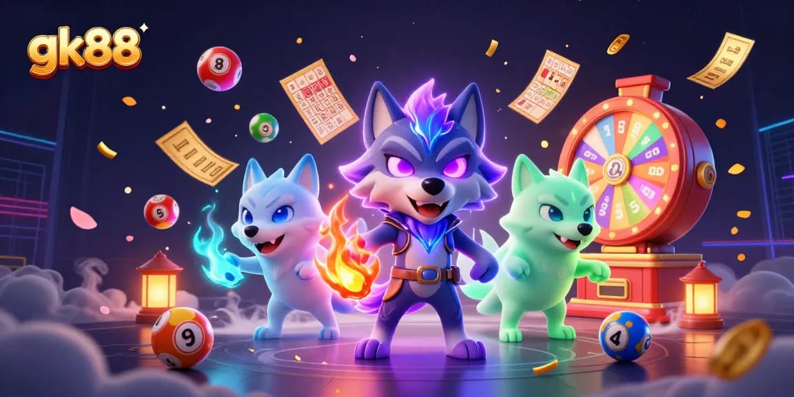 Engage with gk88's thrilling lottery experience featuring a mystical wolf pack surrounded by dynamic game elements.