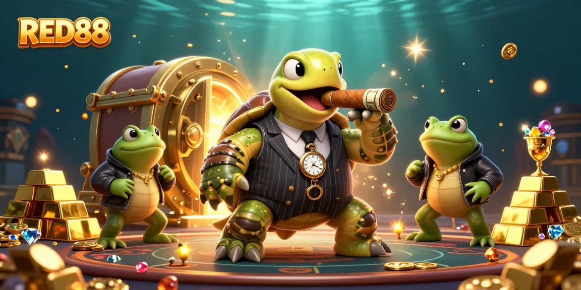 Experience thrilling gaming with RED88's vibrant casino scene featuring unique characters and gold treasures.