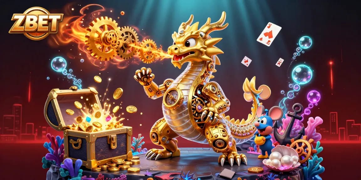 Experience ZBET with a golden dragon, treasure, and colorful gaming elements in an underwater casino scene.