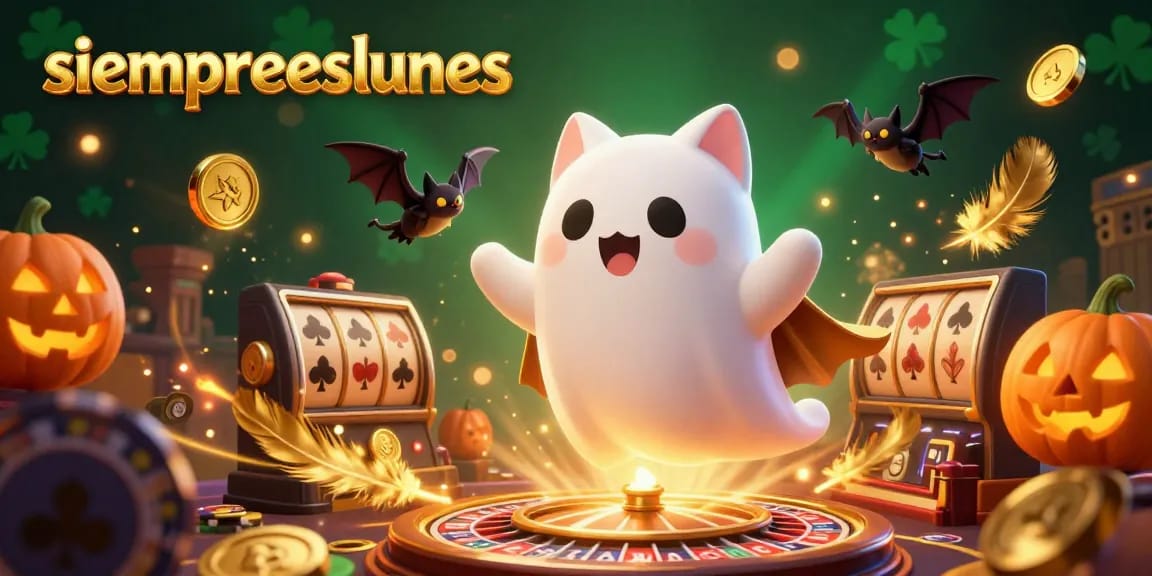 Engage with siempreeslunes in a thrilling casino scene featuring a ghost cat and vibrant gaming elements.