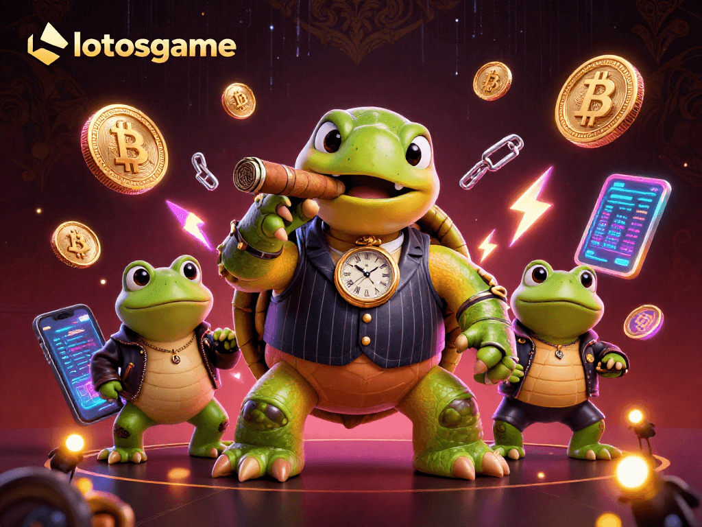 Join the action in lotosgame's vibrant casino world featuring unique characters and crypto elements.