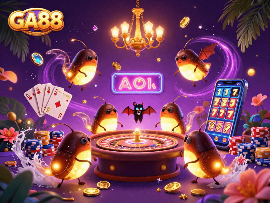 Ignite your luck at GA88 with glowworms illuminating a vibrant casino scene featuring poker and roulette.