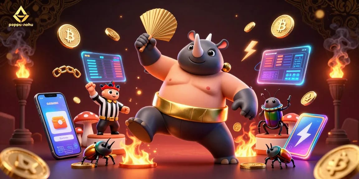Pappu-nohu champions dynamic gaming with a thrilling beetle clash, vibrant coins, and electrifying crypto elements.