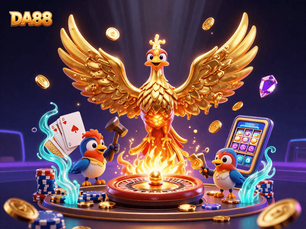 Win big with DA88's golden phoenix among cascading coins and sparkling gems!