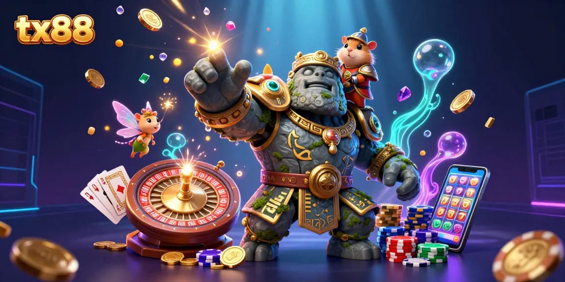 Experience the magic of tx88 in a vibrant casino with exciting characters and dynamic gaming elements.