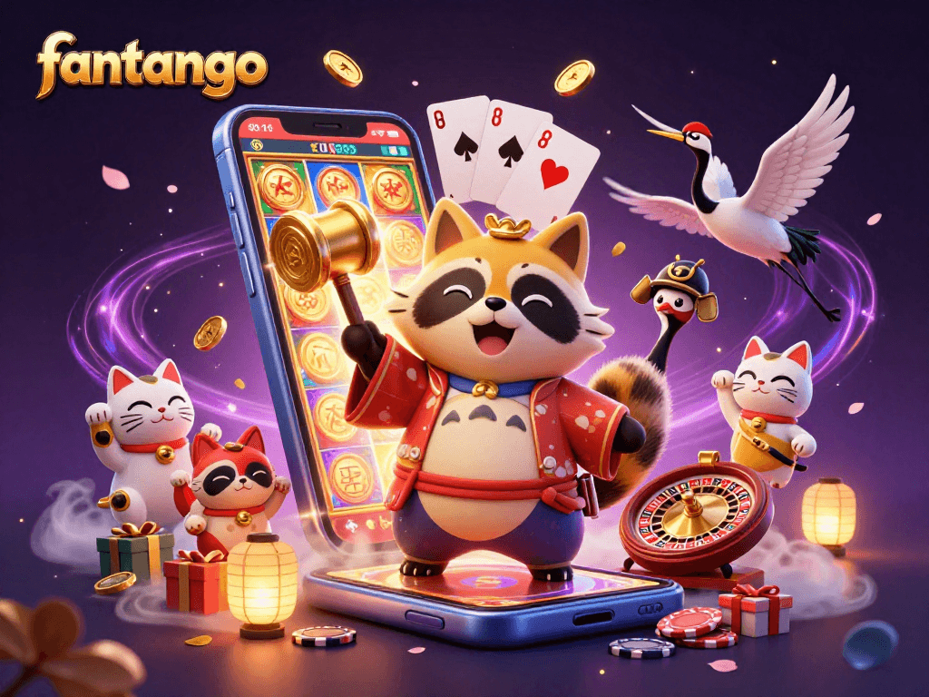 Experience the thrill of fantango with a cheerful tanuki, crane friend, and lucky cats amidst vibrant casino elements.