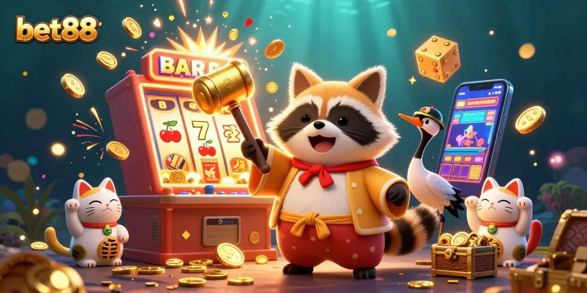 Win big with bet88 in this vibrant casino scene featuring a cheerful tanuki and lucky charms.
