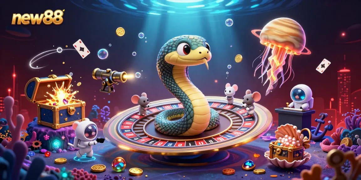 Experience the thrill of new88 with a vibrant 3D cosmic casino scene featuring interactive characters and colorful game elements.