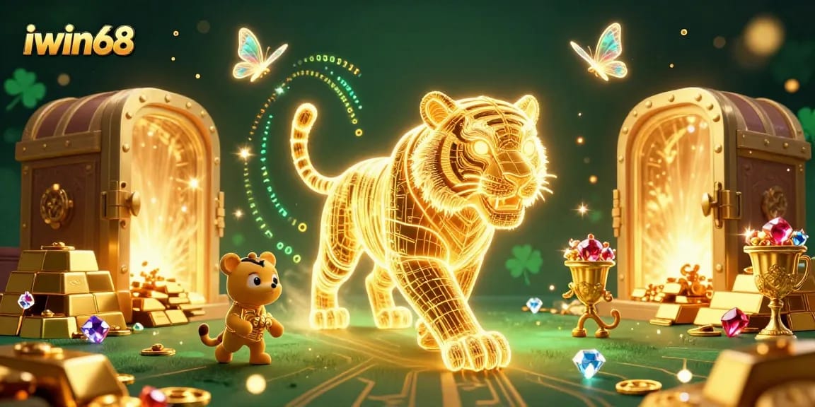 Iwin68 engages players in an electrifying casino adventure with a neon tiger and treasures.