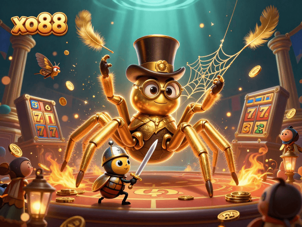 Experience the vibrant xo88 casino scene with golden tarantula and knight amidst dynamic elements.