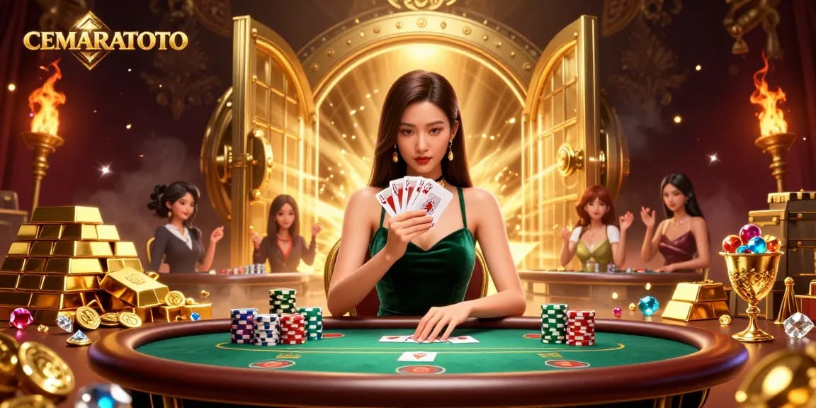 CEMARATOTO showcases a stunning poker scene with a focused player at a luxury table, surrounded by treasures.