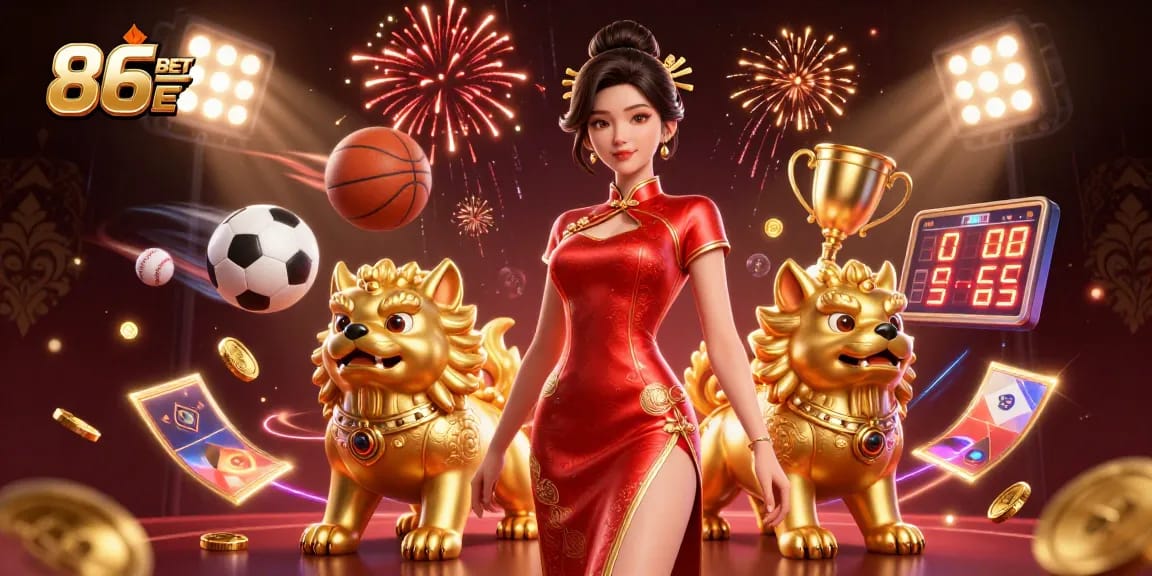 Engage in thrilling games at 86BET, surrounded by golden foo dog guardians and vibrant fireworks.