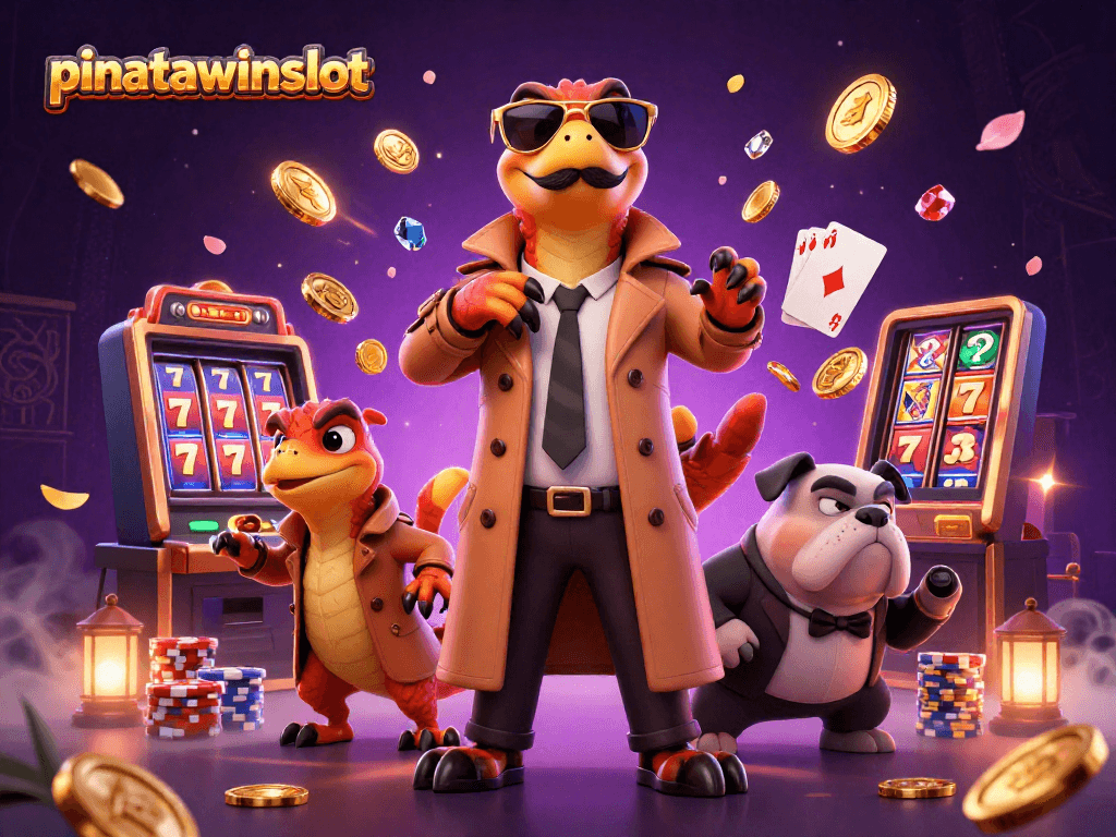 Experience pinatawinsslot with three raptors in disguise entering a VIP casino lounge amidst dazzling game features.