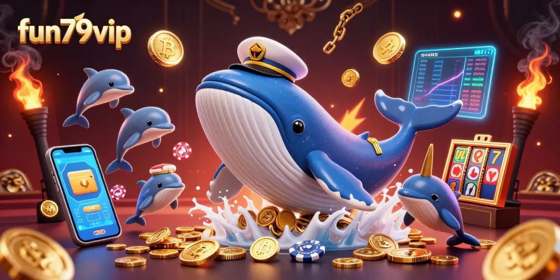 Engage with fun79vip through exciting casino fun with a giant whale and vibrant crypto elements.