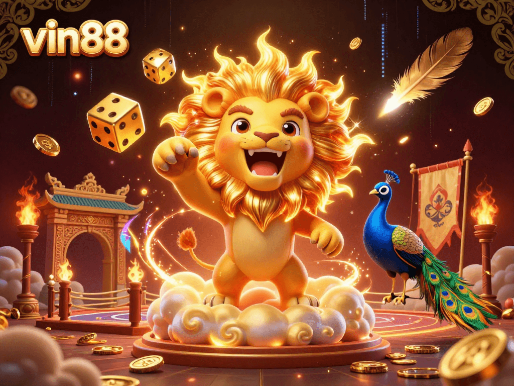 Experience thrilling gaming action with vin88 amidst a vibrant 3D casino scene filled with excitement.