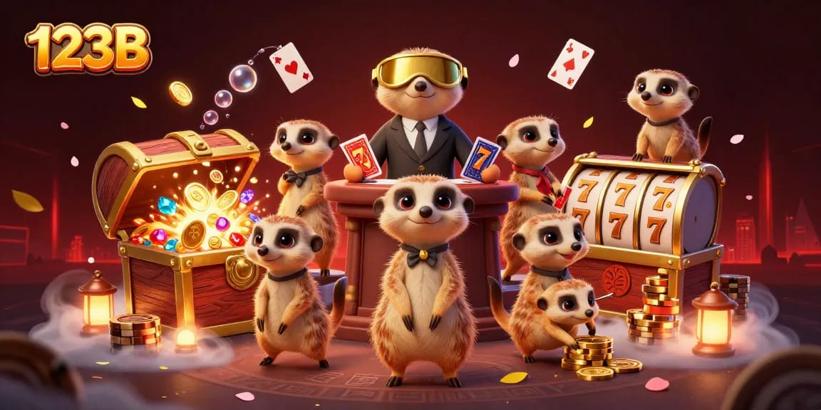 Experience the excitement of 123B with meerkats engaging in dynamic casino activities and bursting slot reels.