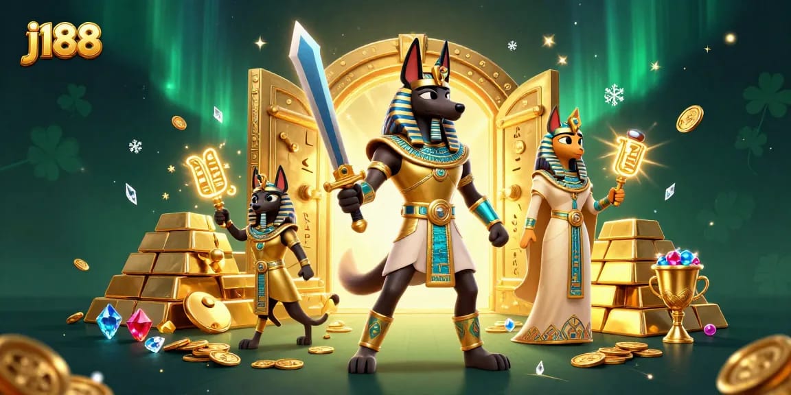 j188 offers thrilling gameplay with Anubis and Bastet in a dynamic casino scene filled with treasures.