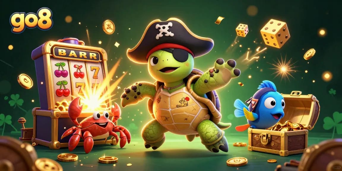 Experience excitement at go8 with a lively pirate-themed casino treasure hunt illustration.