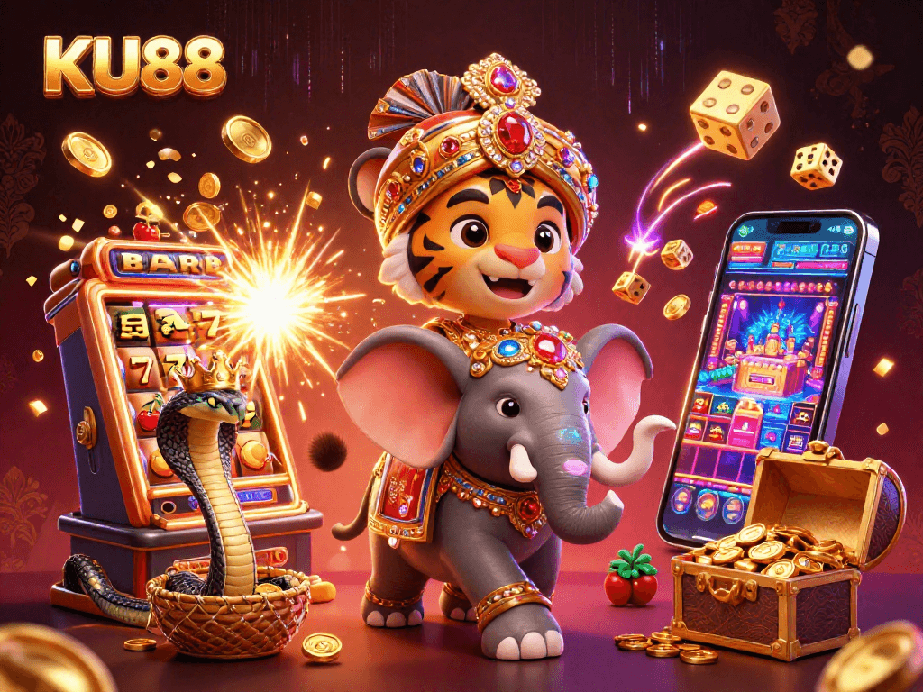 Experience the thrill of winning at KU88 with an enchanting 3D casino scene illustrating vibrant slots and animated characters.
