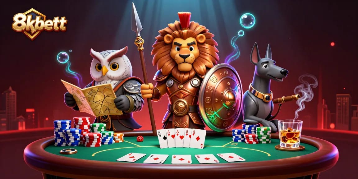 Experience the thrill of 8xbett casino with a lively poker scene featuring a Spartan lion, owl strategist, and greyhound messenger.