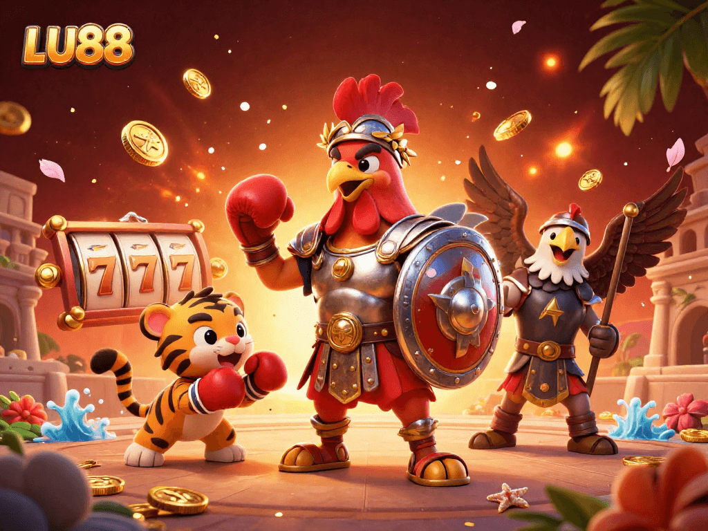 LU88 offers exciting slot games featuring golden coins and dynamic characters in a vibrant scene.