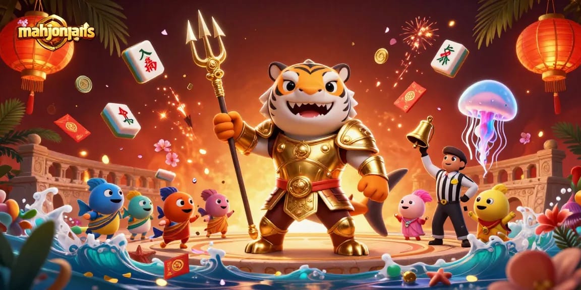 Engage with mahjongtitans in an exciting underwater colosseum scene filled with golden mahjong tiles and vibrant party elements.