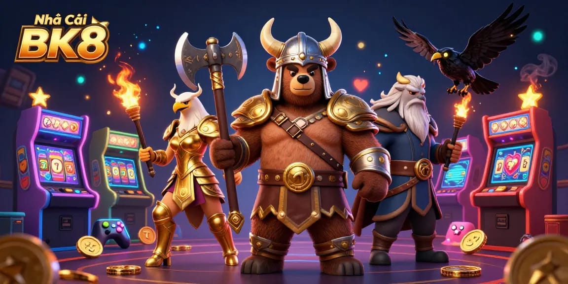 Experience thrilling games at Nhà Cái BK8 featuring a Viking bear, Valkyrie eagle, and glowing game elements.