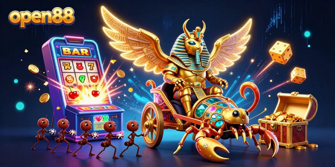 Play and win at open88 with a vibrant scene featuring a golden scarab beetle and jackpot symbols.