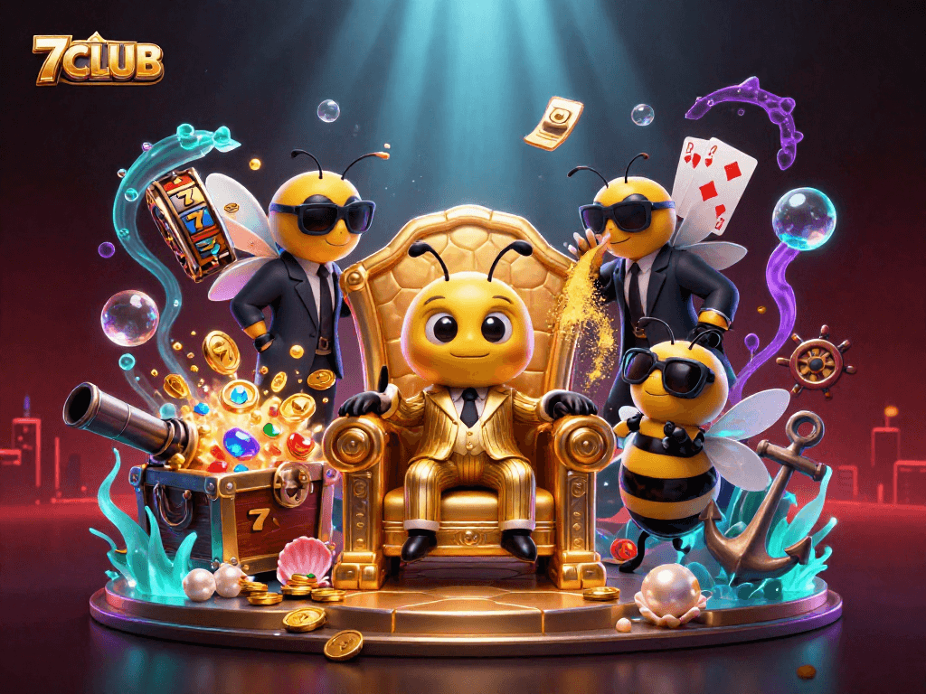 Experience gaming excitement with 7CLUB's vibrant casino scene featuring rich 3D details.