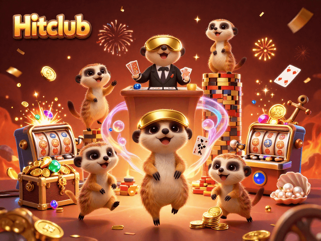 Engage in thrilling gameplay at Hitclub with animated meerkats in a vibrant casino scene.