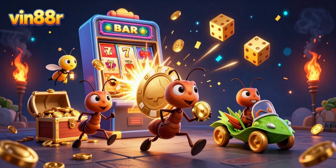 Ants carrying a giant chip in a vibrant casino heist scene with vin88r branding.