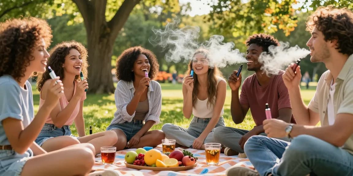THC vape UK experience displayed in a vibrant outdoor picnic scene with friends enjoying organic products and natural wellness.