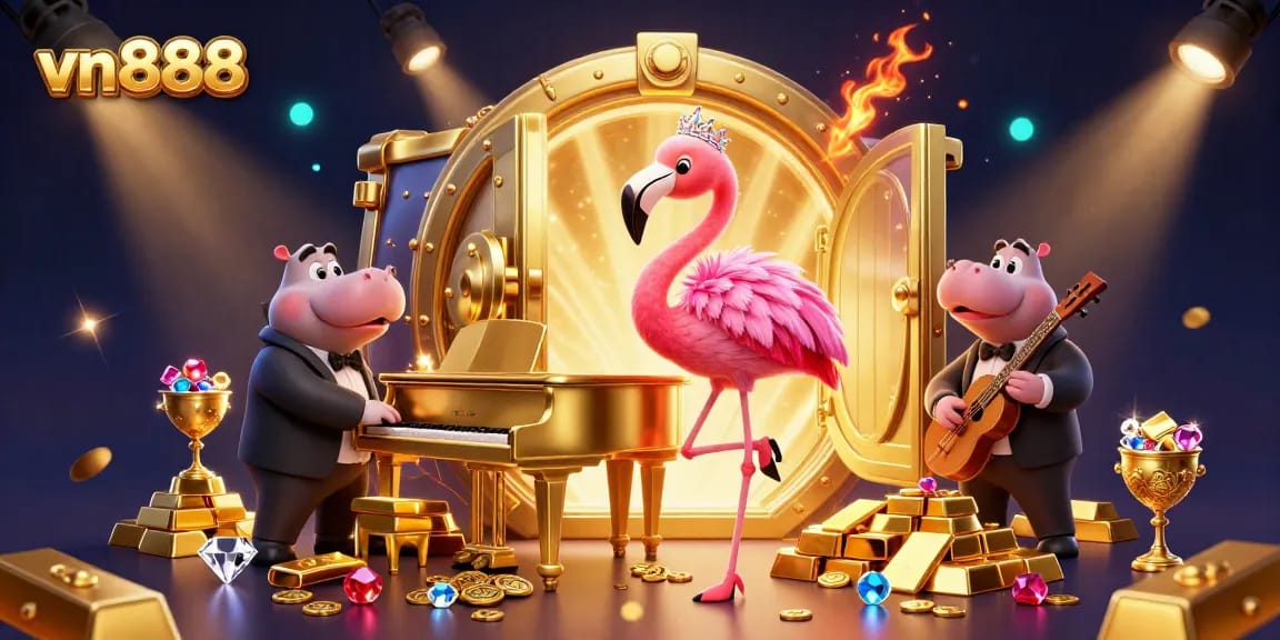 Win big at vn888 with a vibrant casino scene featuring lively characters and treasure!