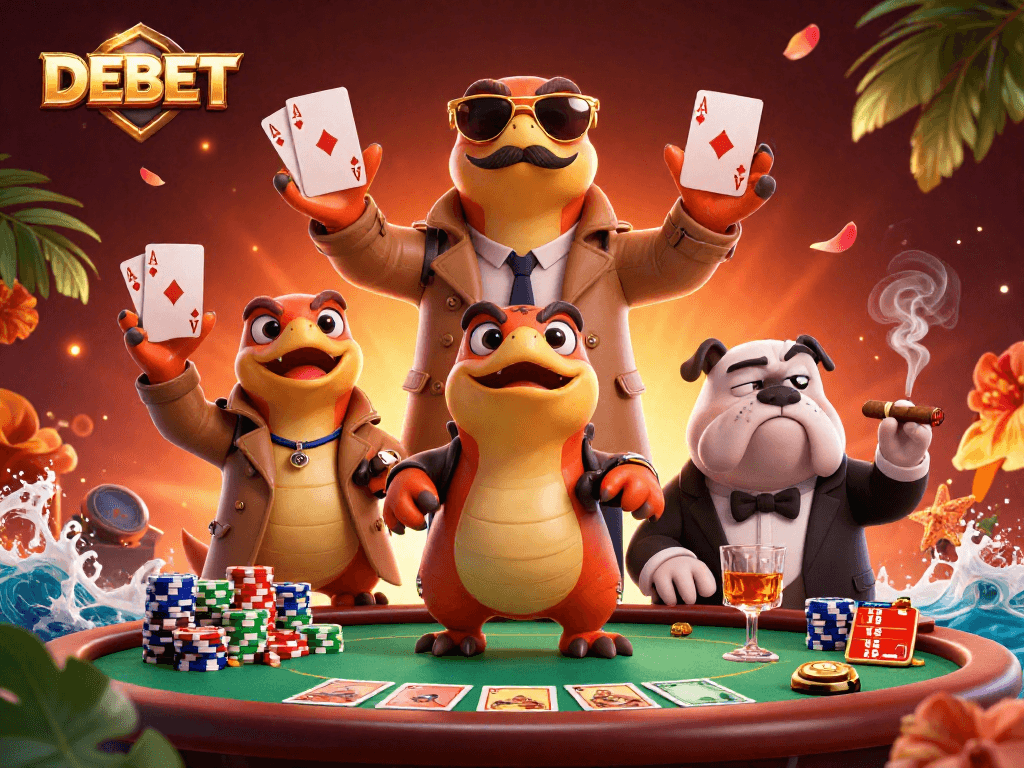 Experience DEBET strategy with raptors in disguise at a vibrant casino scene.