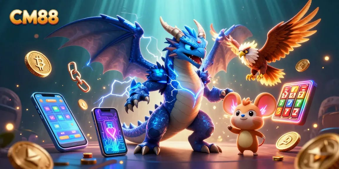 Join the excitement at CM88 with a dynamic casino scene featuring a thunder dragon, glowing hawk, and thrilling gambling elements.