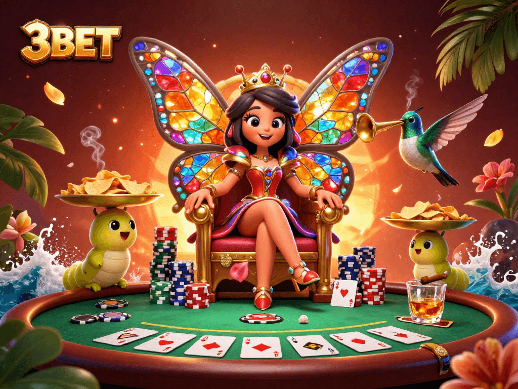 Experience thrilling 3BET games with a vibrant 3D illustration of casino elements and characters.