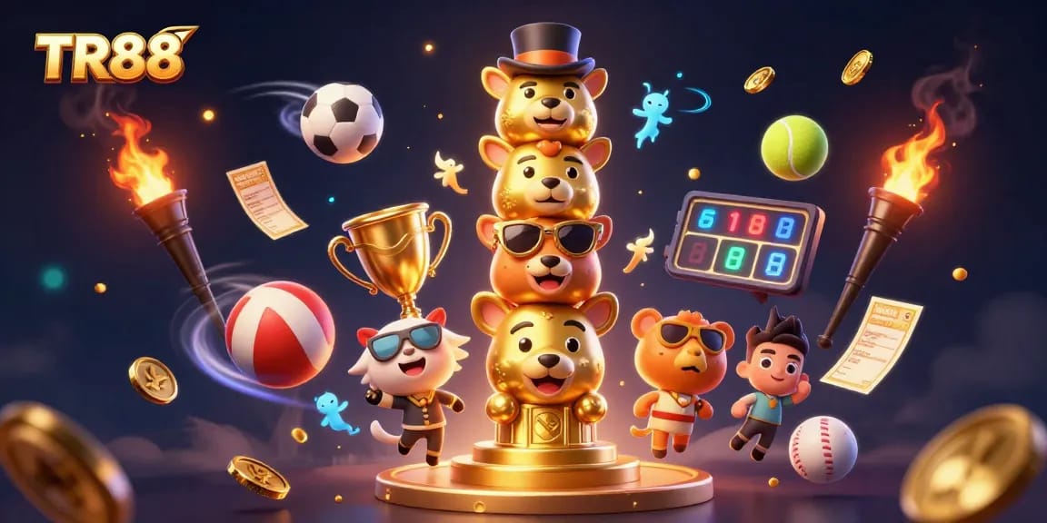 Engage with TR88's exciting casino experience, featuring vibrant character illustrations and sports elements.