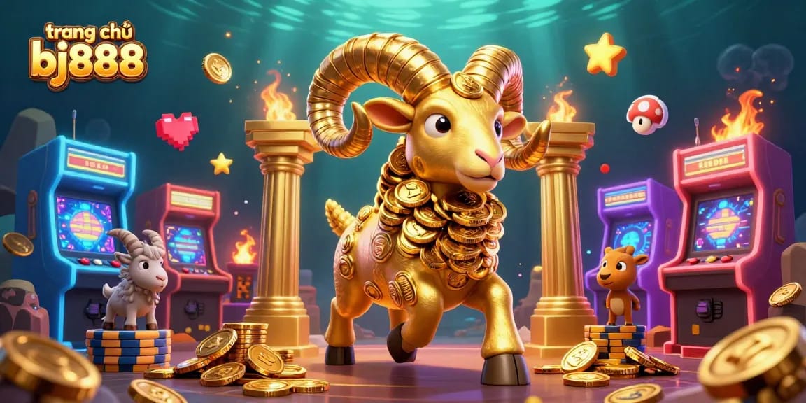 Experience the excitement of trang chủ bj888 with golden ram charging through a packed casino scene.