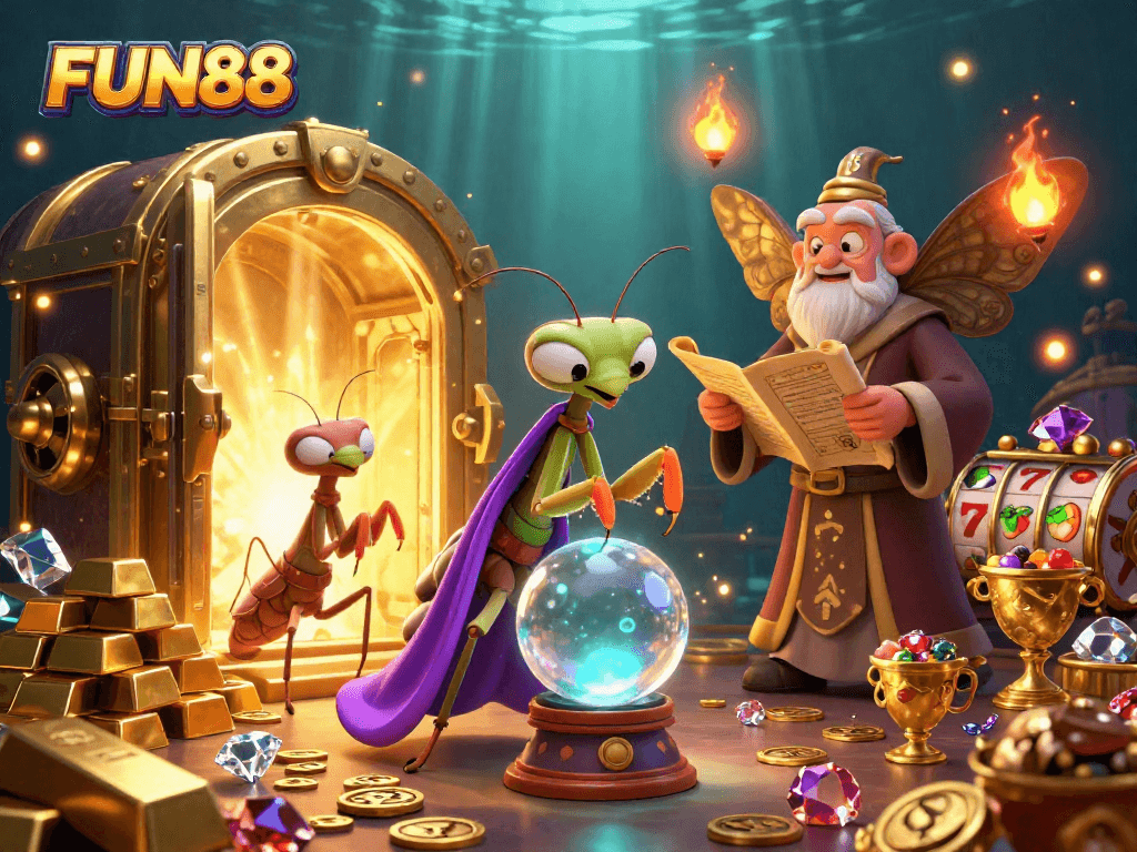 FUN88 unveils a vibrant casino scene with characters immersed in a treasure hunt and slot gaming.