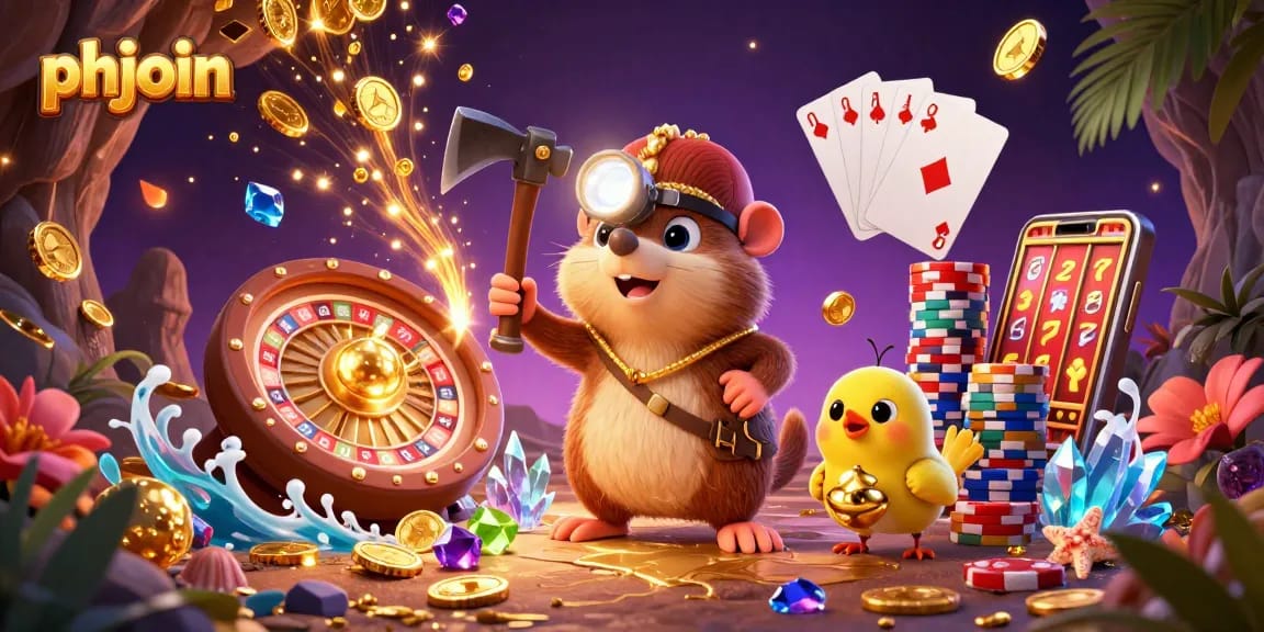 Exciting phjoin treasure hunting scene with a mole mining for gold and gems amidst casino elements.