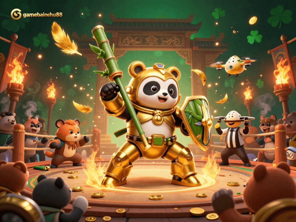 gamebainohu88 introduces an action-packed 3D scene with a golden panda piloting a bamboo robot, surrounded by a lively gambling arena.