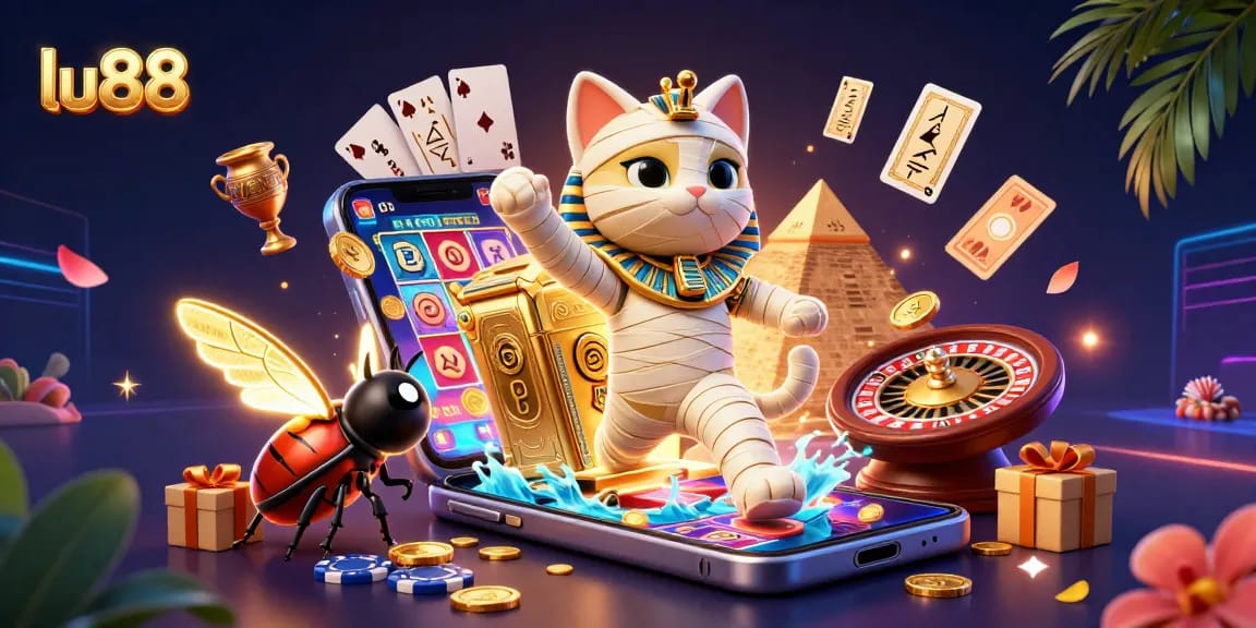 Experience thrilling casino action at lu88 with a vibrant 3D mummy cat and glowing scarab beetle.
