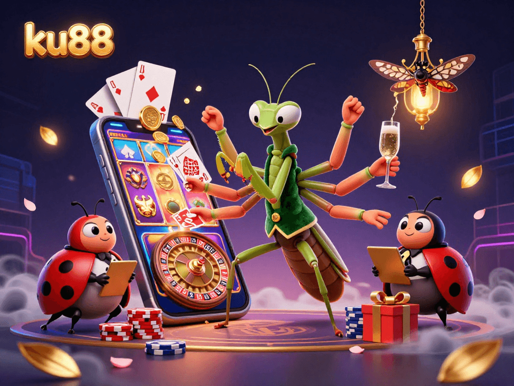 Engaging ku88 casino scene with a giant praying mantis and ladybug, showing exciting gaming action.