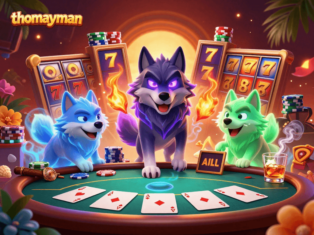 Engage in thrilling fun with thomayman, showcasing a dynamic 3D slot scene with a wolf leader.