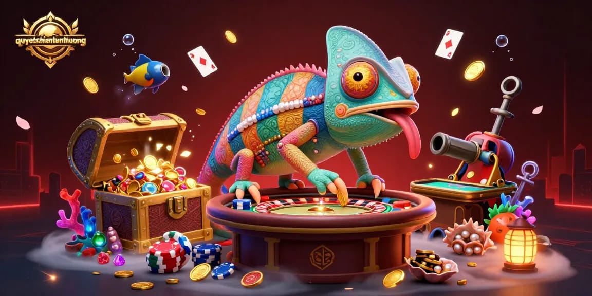Engage in thrilling action with quyetchientienthuong, where a vibrant chameleon casino owner catches golden coins amidst dynamic gaming elements.